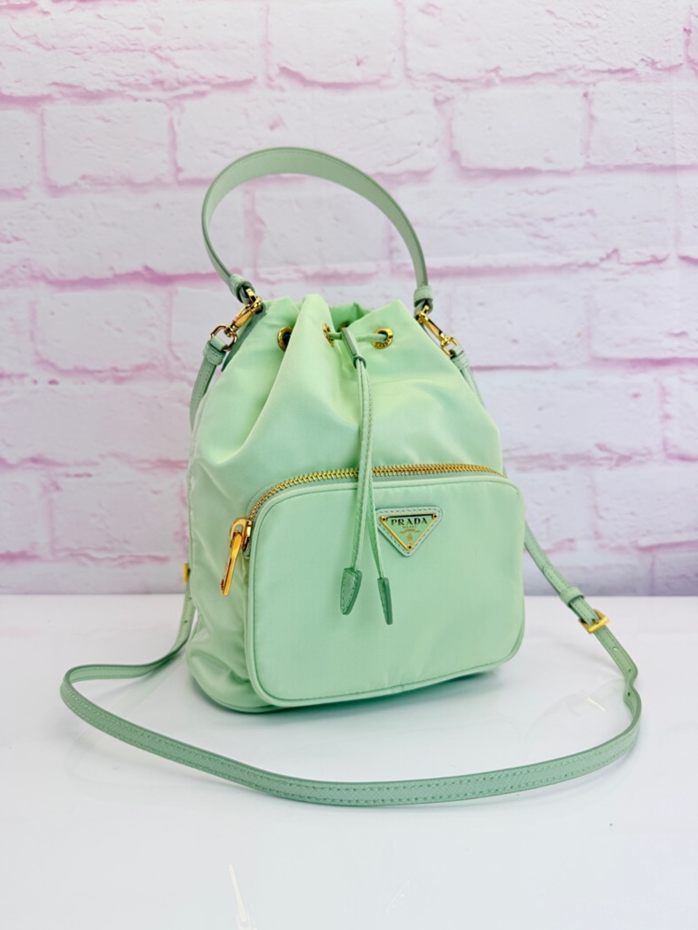 Prada Re-Nylon Saffiano Duet Bucket Crossbody Bag Acqua